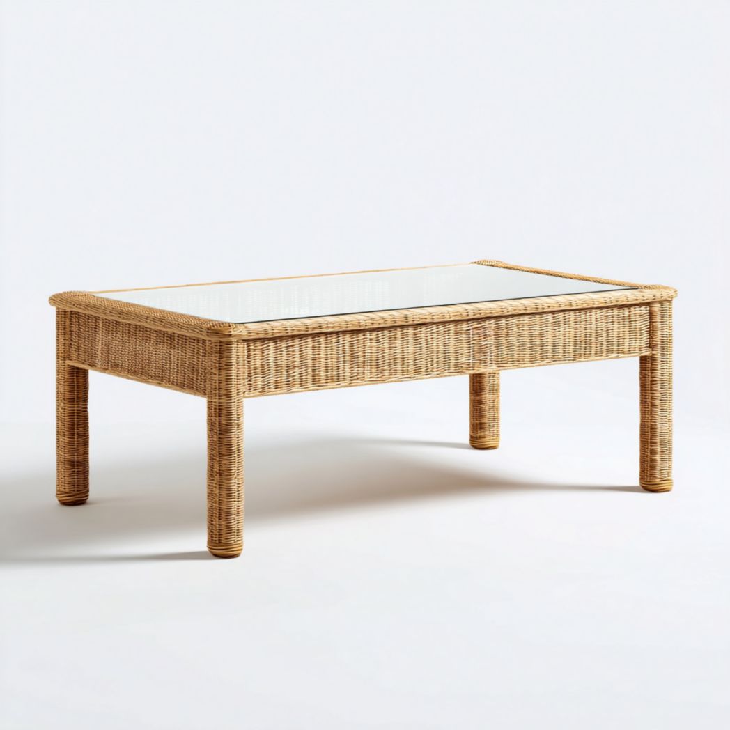 Table de jardin rectangulaire en rotin avec plateau en verre