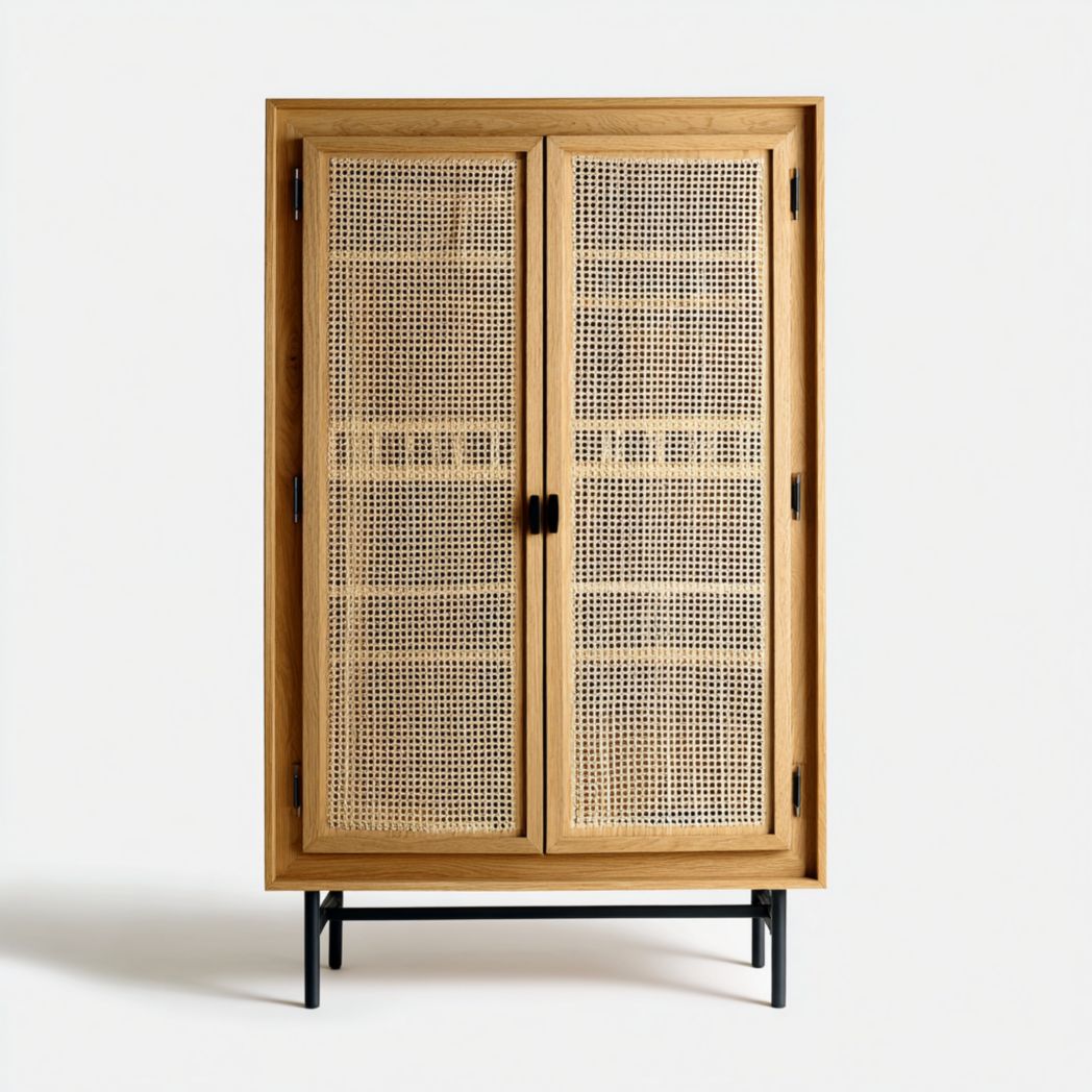 Bibliothèque en bois naturel avec portes en cannage et base en métal noir