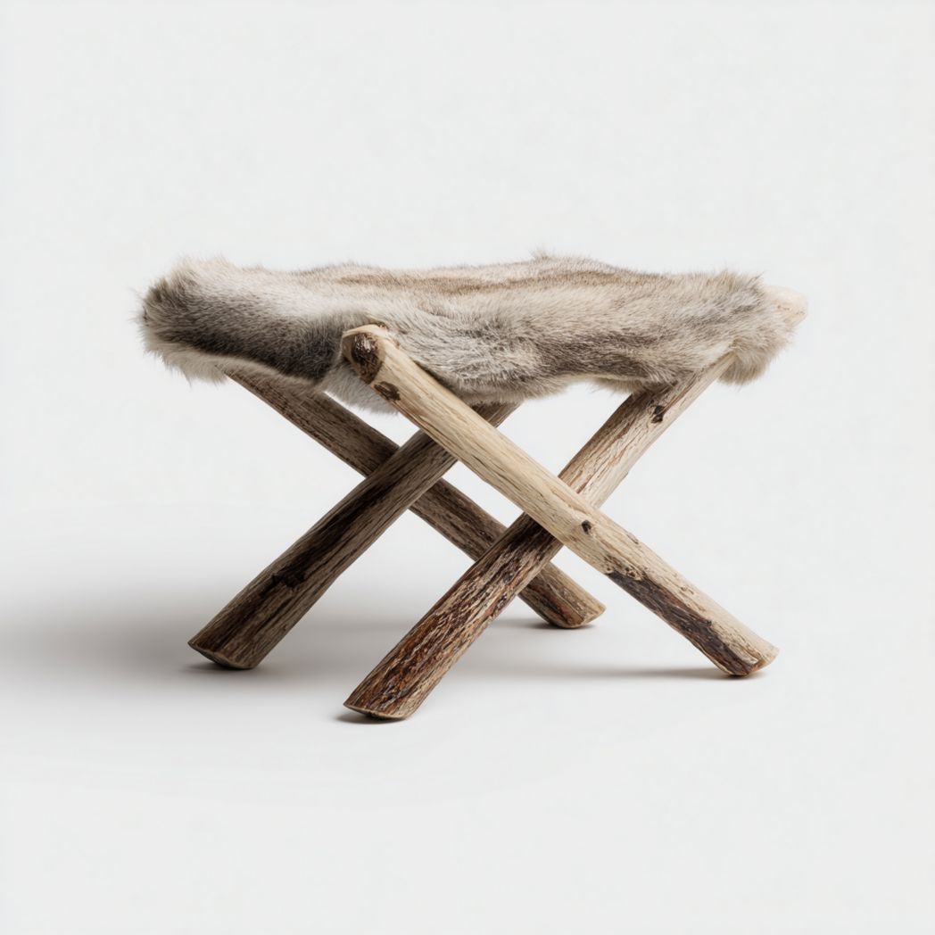 Tabouret en bois à structure croisée, assise en fausse fourrure grise