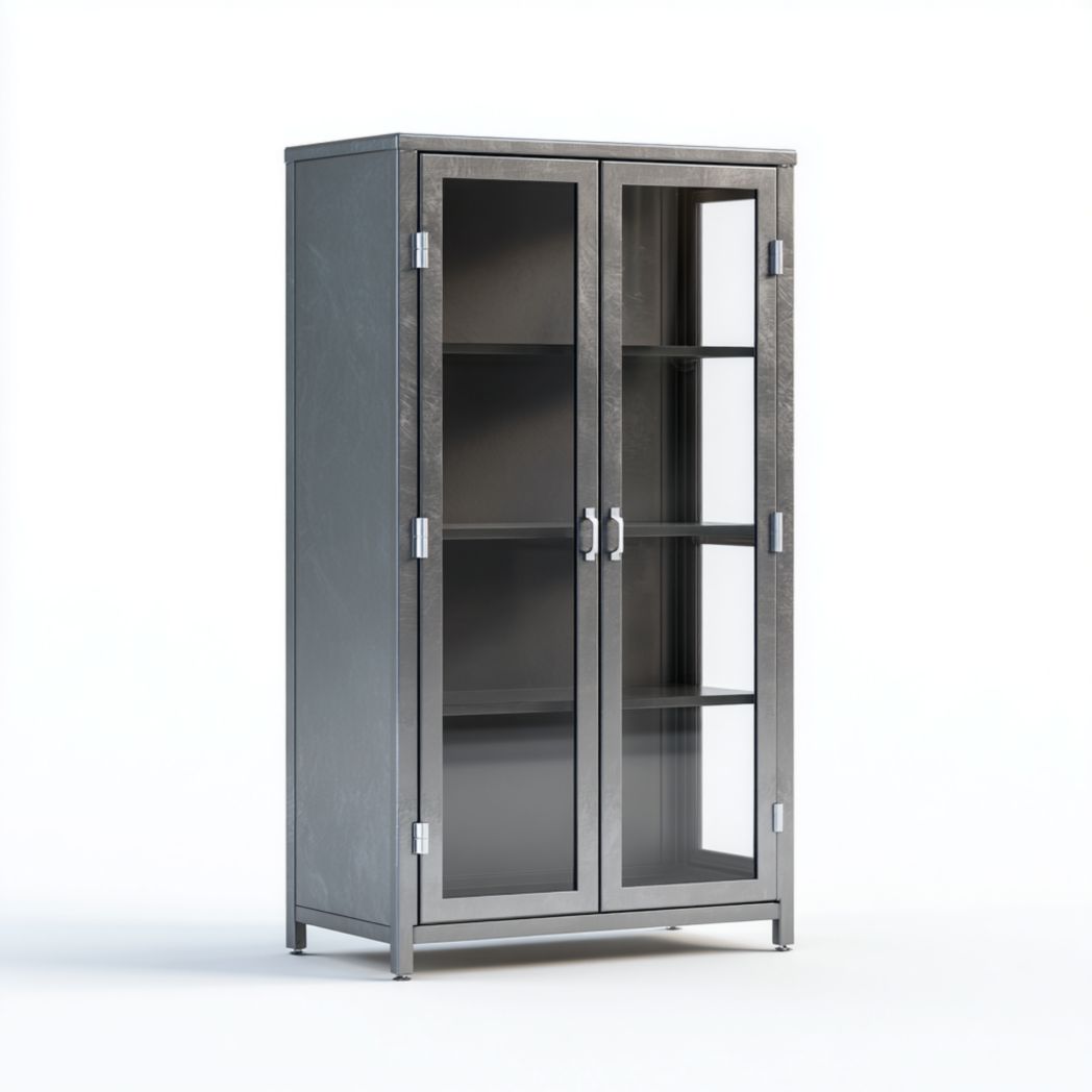 Vitrine en métal gris avec deux portes vitrées