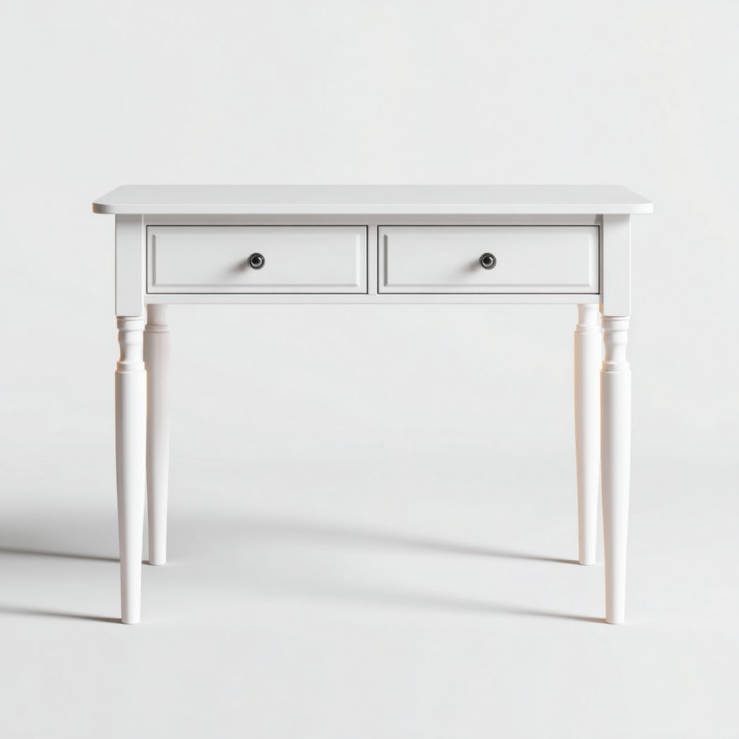 Bureau rectangulaire blanc | 2 tiroirs · pieds tournés cylindriques