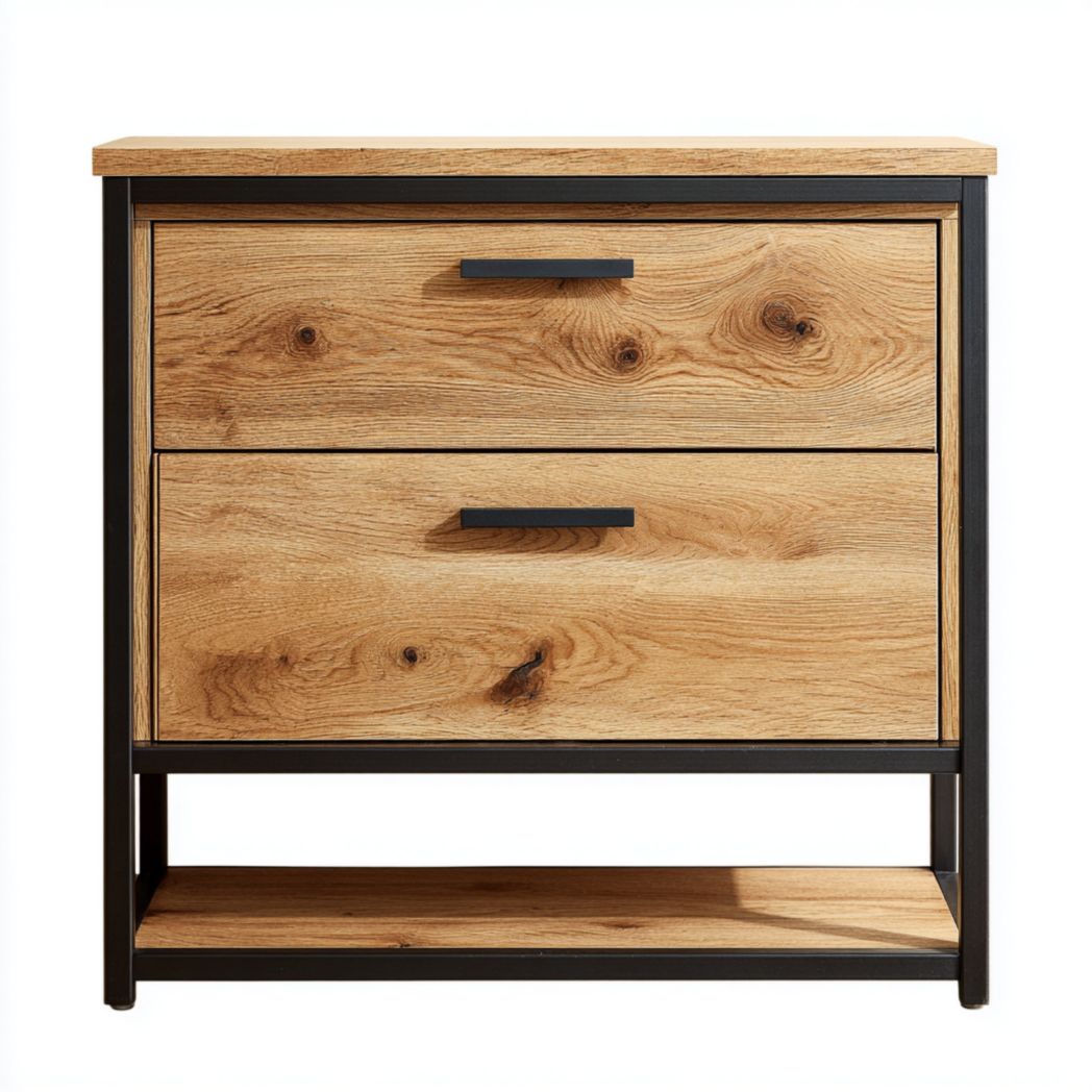 Meuble à chaussures en bois clair et métal noir avec deux tiroirs