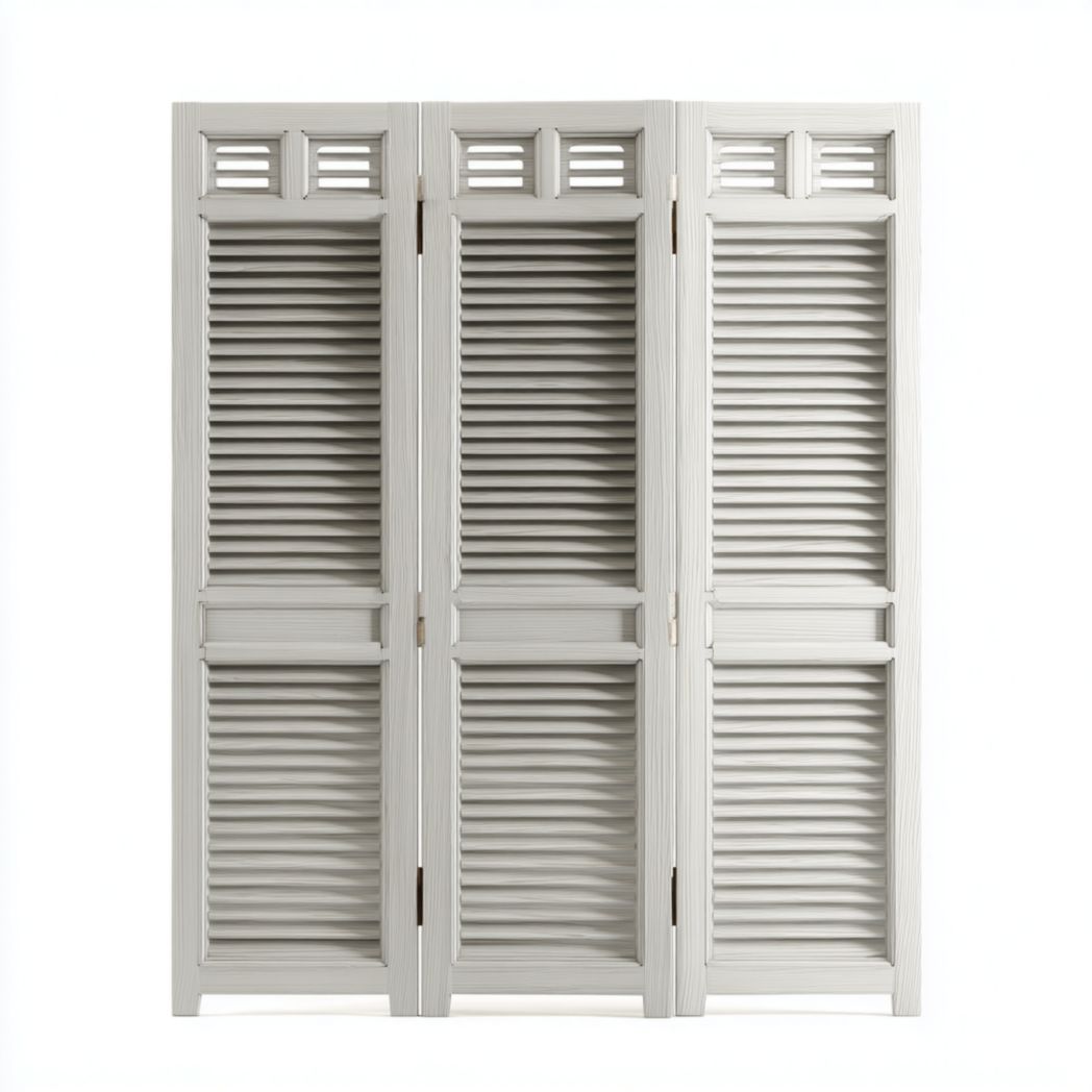 Paravent trois volets bois gris clair style persienne