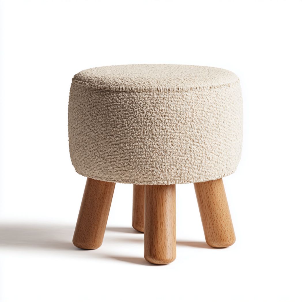 Tabouret rond en tissu beige avec pieds en bois clair