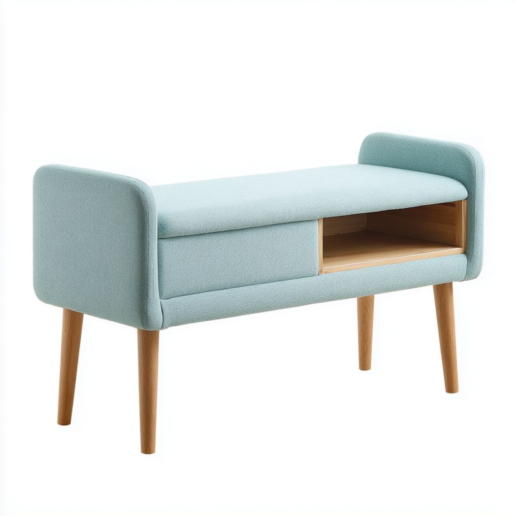Banc rectangulaire en tissu bleu-vert avec pieds en bois et compartiment ouvert