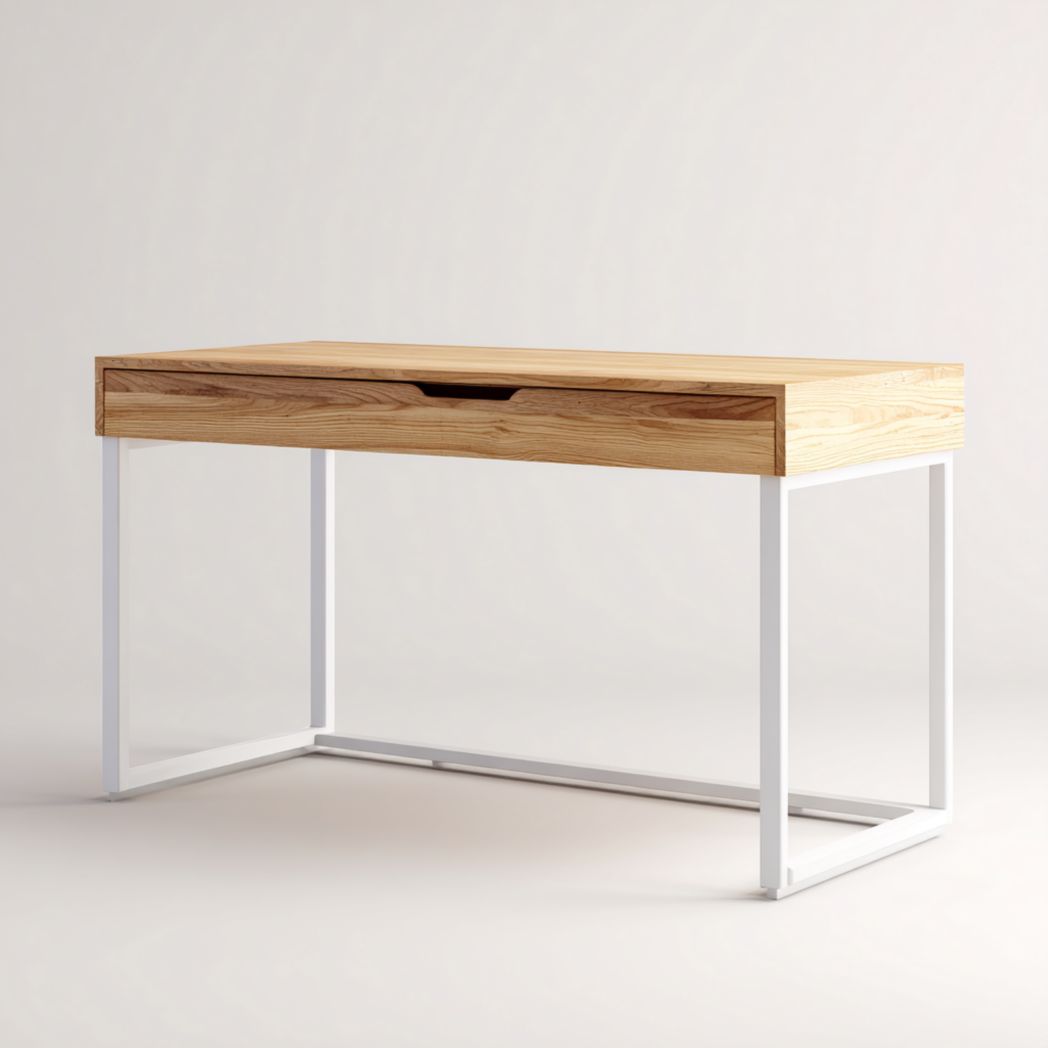 Console en bois clair et métal blanc avec tiroir central