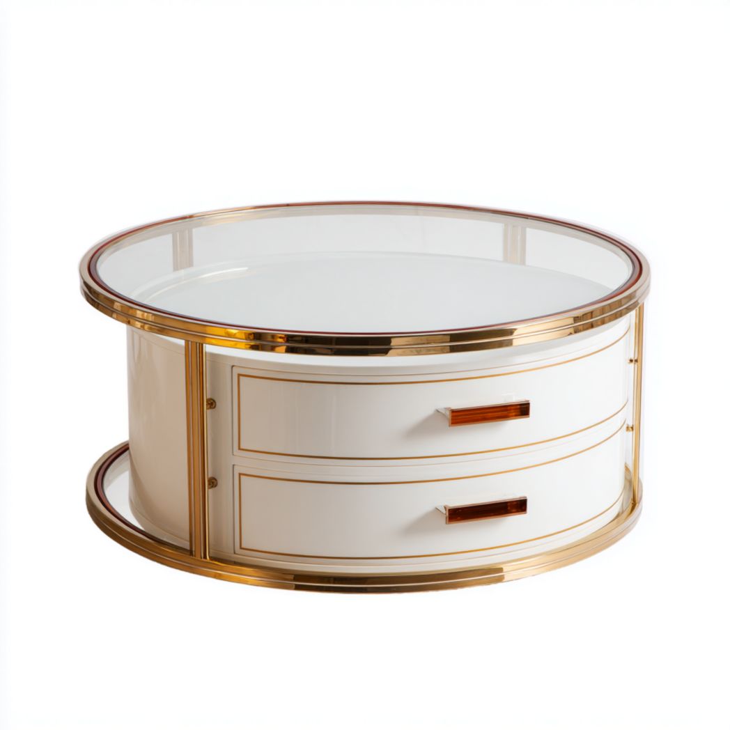 Table basse ronde en verre avec cadre doré et deux tiroirs