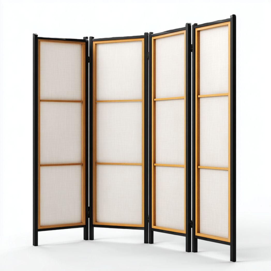 Paravent pliant quatre panneaux cadre métal noir avec inserts bois et panneaux clairs