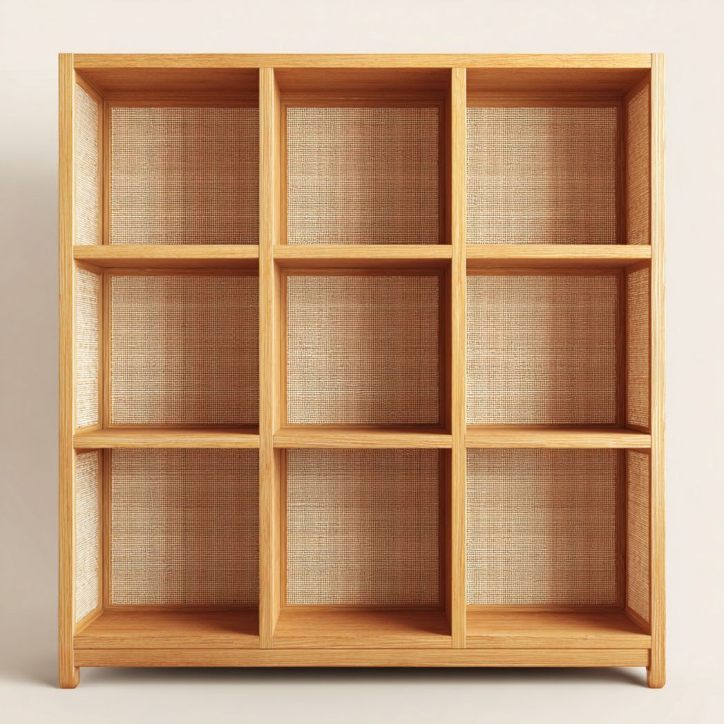 Bibliothèque en bois naturel à neuf compartiments avec dos en rotin