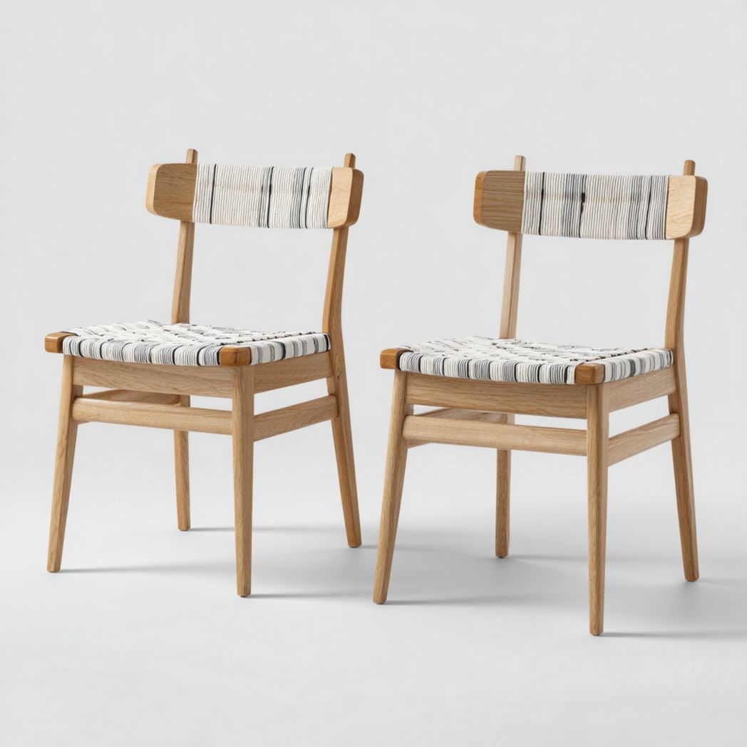 Lot de 2 chaises de jardin en bois naturel avec assise tressée noir et blanc