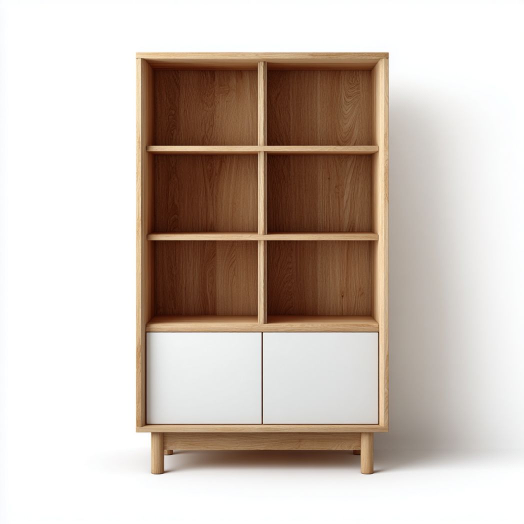 Meuble à chaussures en bois clair avec six niches ouvertes et deux portes basses blanches