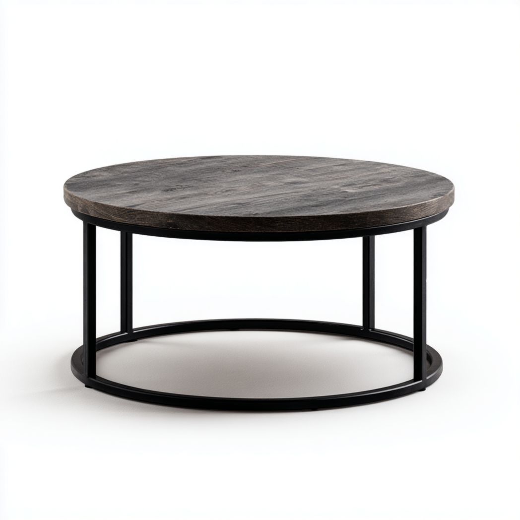 Table basse ronde en bois foncé avec structure métallique noire