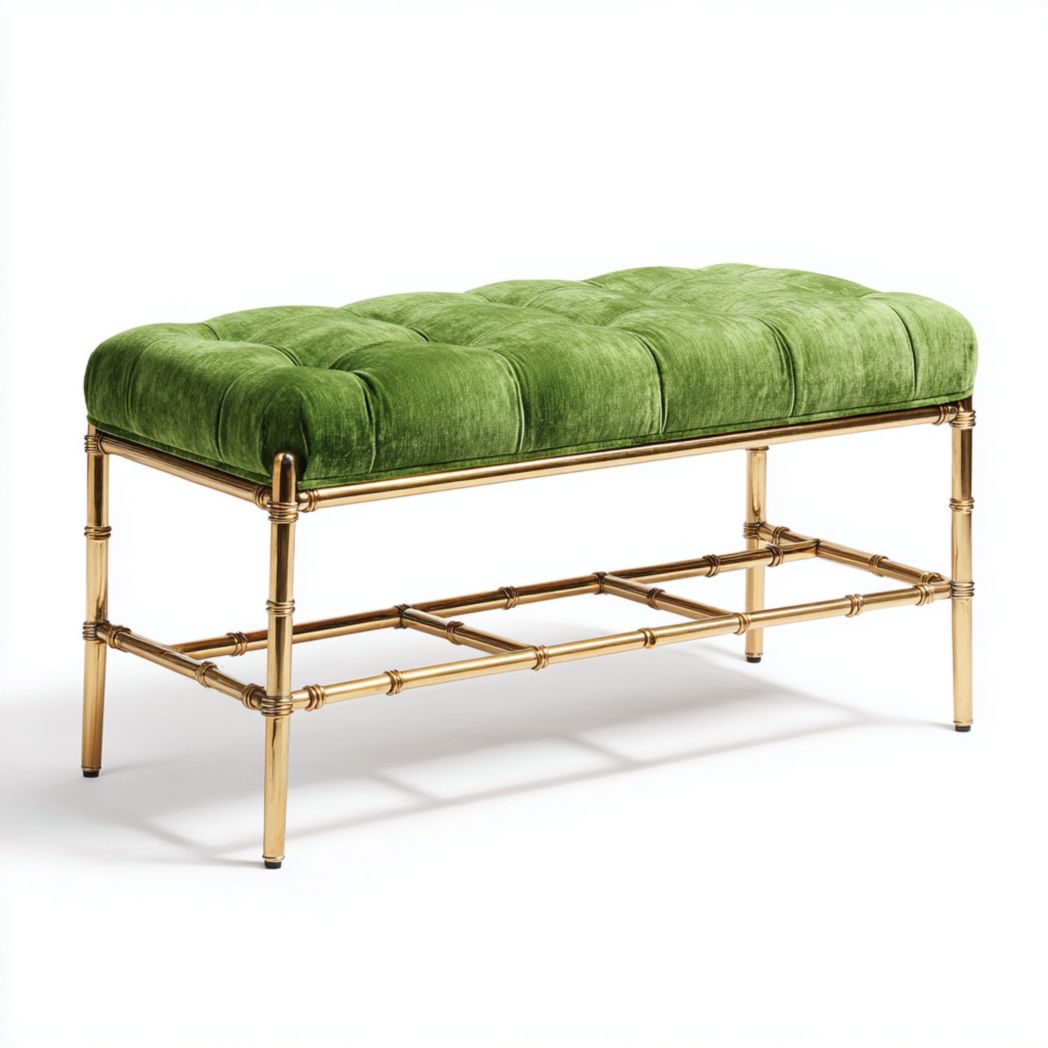 Banc rectangulaire avec assise en velours vert et structure métallique dorée, unité unique