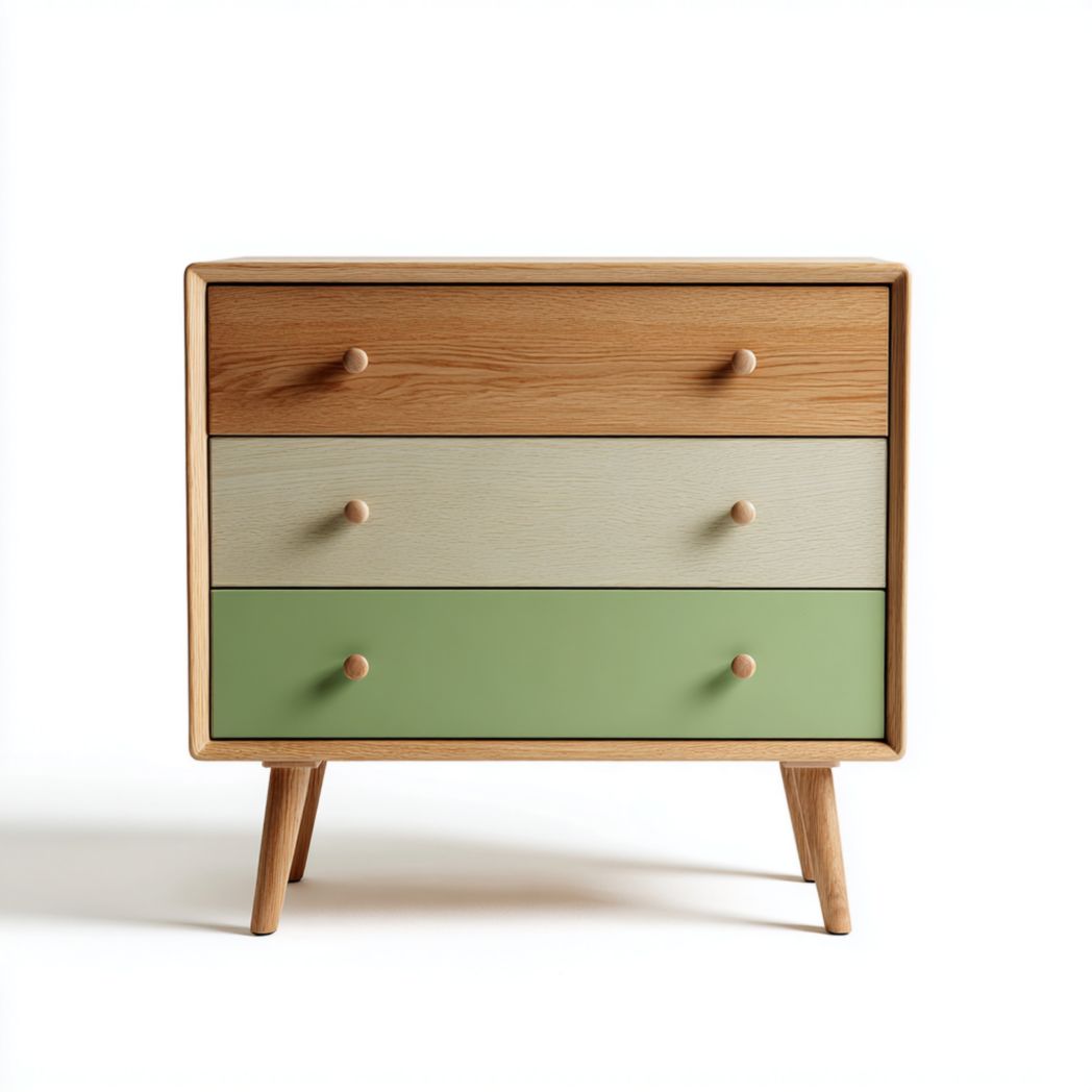 Commode 3 tiroirs | façades multicolores (bois, beige, vert) | boutons ronds en bois | pieds inclinés en bois