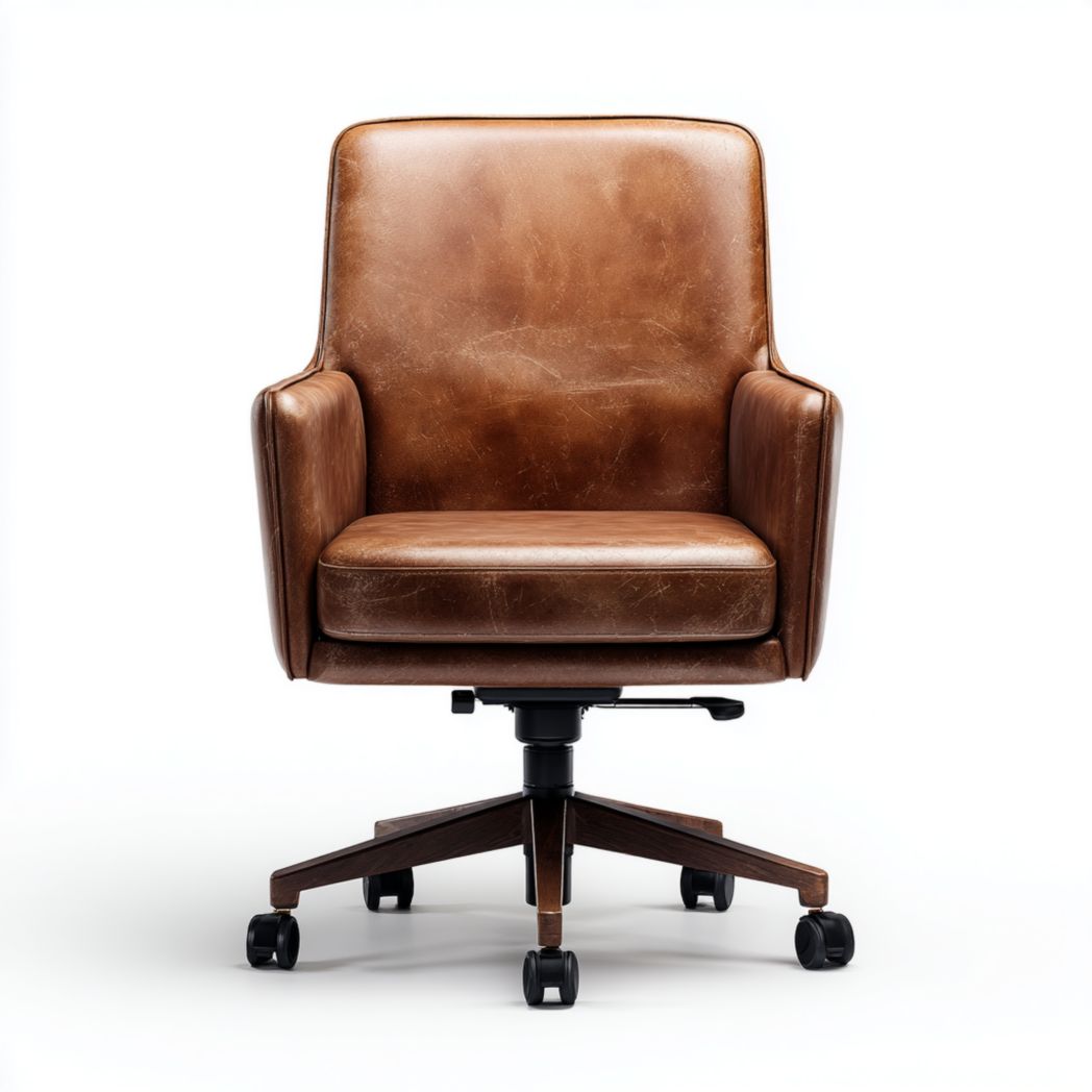 Chaise de bureau pivotante | revêtement en cuir marron · dossier et assise carrés · base à 5 roulettes