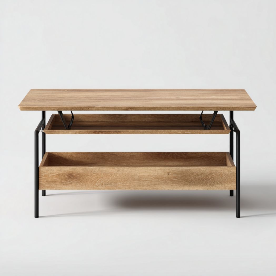 Table basse rectangulaire chêne avec plateau relevable et structure en métal noir