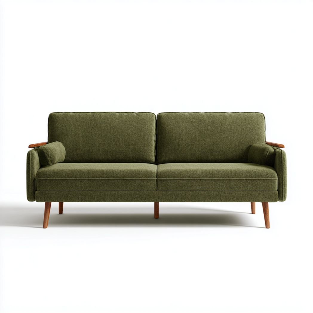 Canapé droit en tissu vert avec accoudoirs en bois et coussins cylindriques