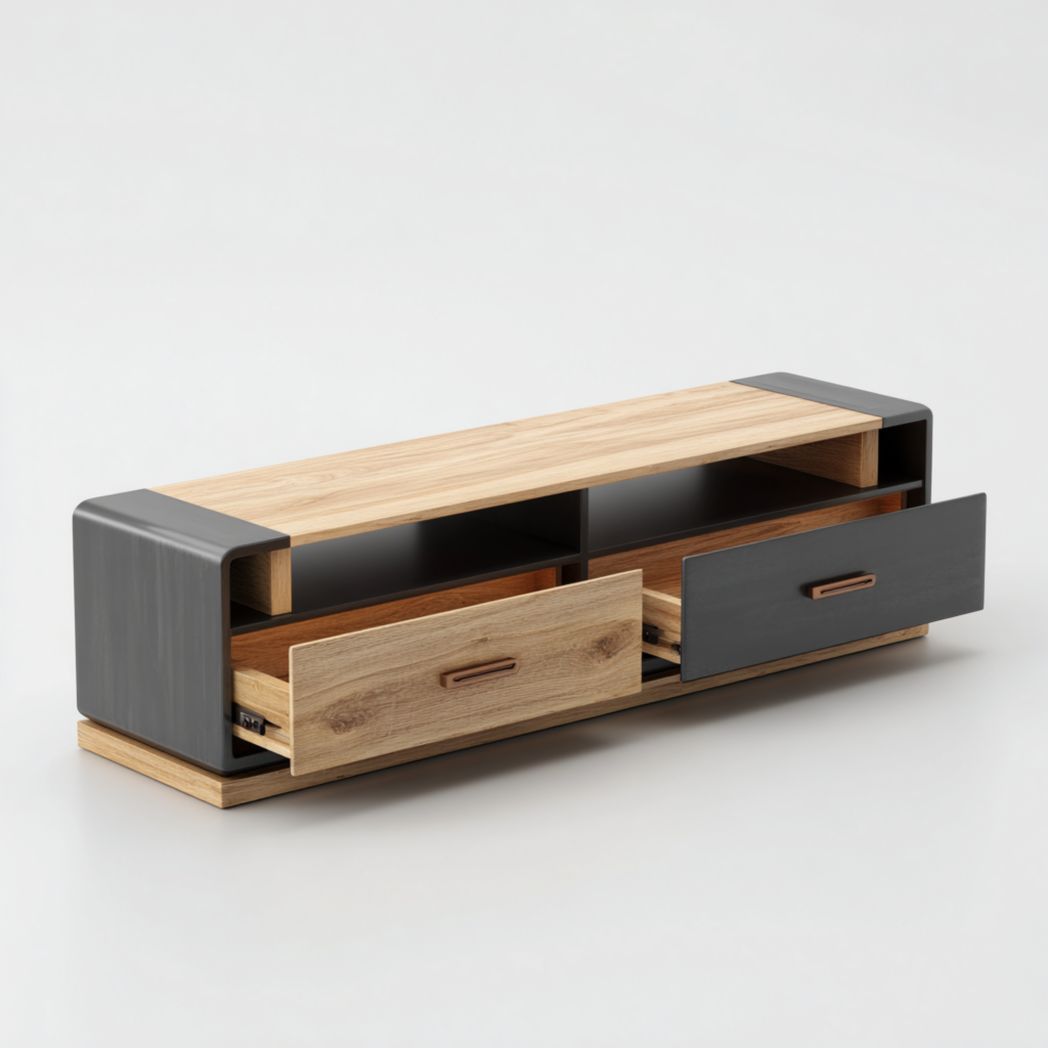 Meuble TV en bois naturel et gris avec deux tiroirs