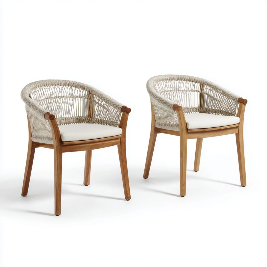 Lot de 2 chaises de jardin en bois clair et corde tressée beige