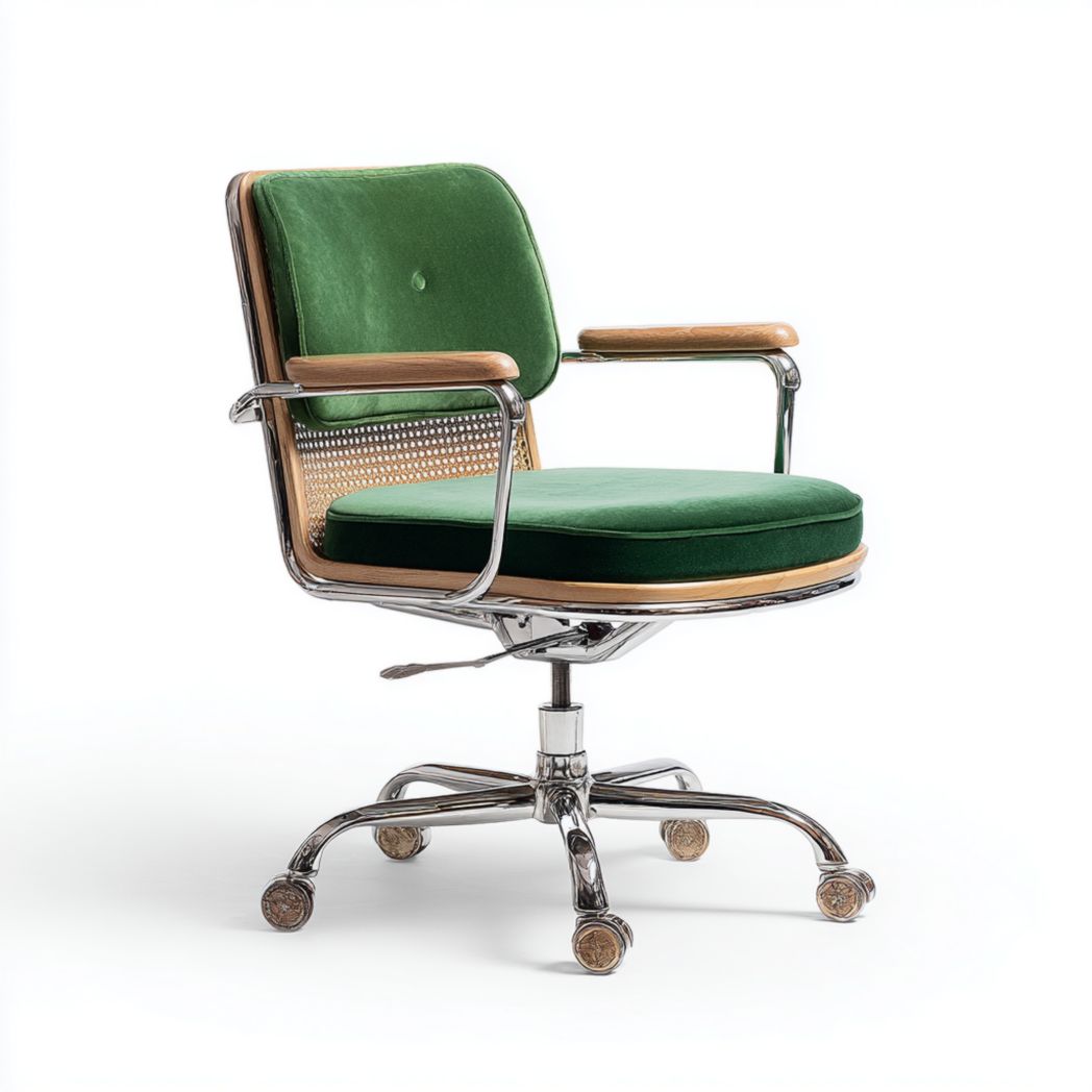 Chaise de bureau en velours vert avec structure en métal et bois