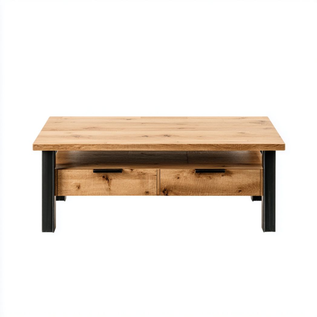 Table basse rectangulaire en chêne et métal avec deux tiroirs