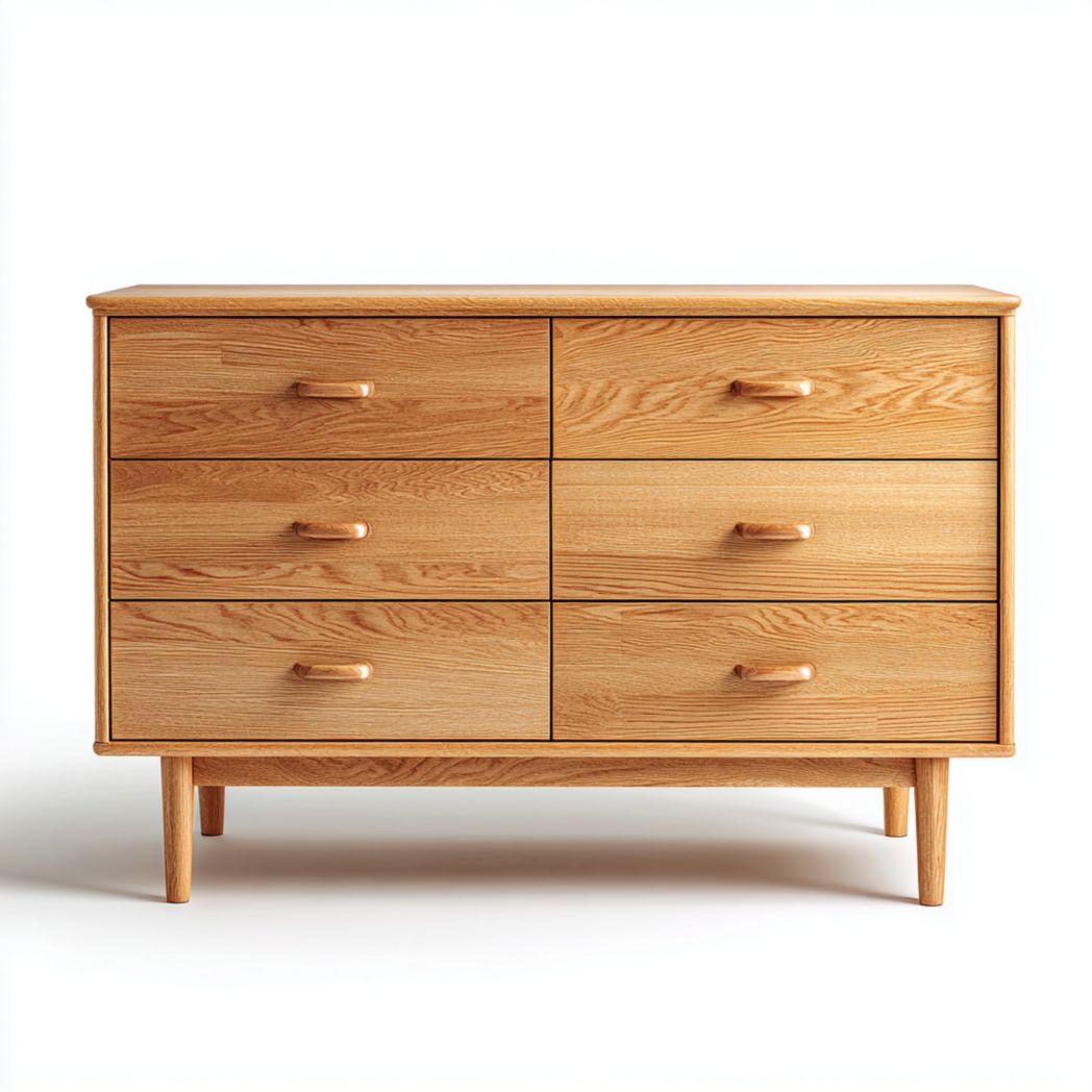 Commode 6 tiroirs | caisson et façades en bois clair | poignées en bois | pieds droits en bois