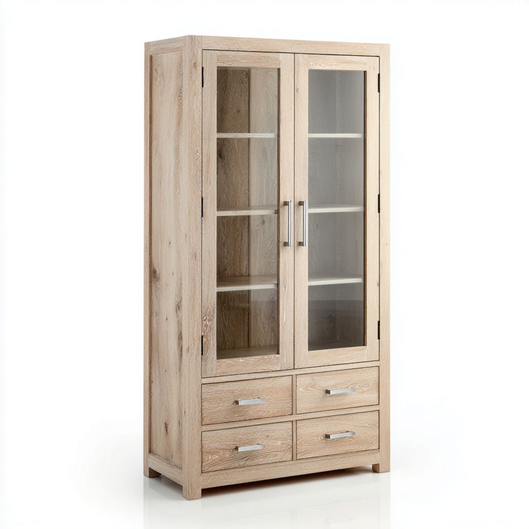 Armoire en chêne clair à deux portes vitrées et quatre tiroirs