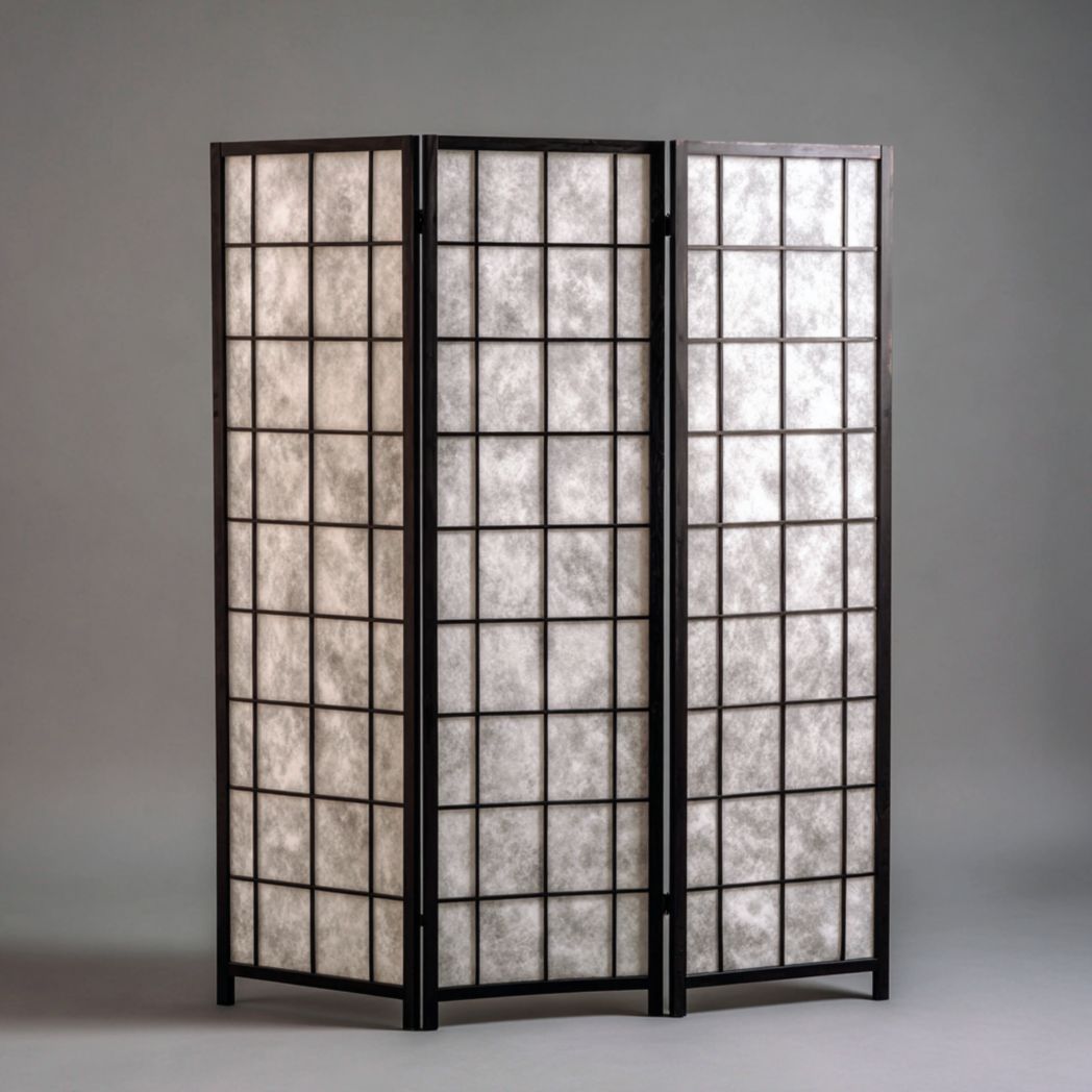 Paravent 3 panneaux à carreaux — cadre noir et surface blanche semi-transparente, structure rectangulaire pliante