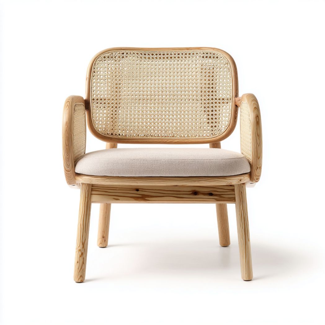 Fauteuil en bois naturel avec dossier et accoudoirs en rotin