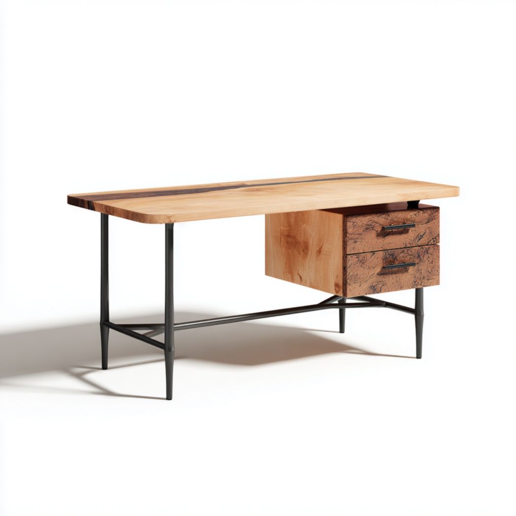 Bureau rectangulaire en bois avec structure métallique noire et tiroirs