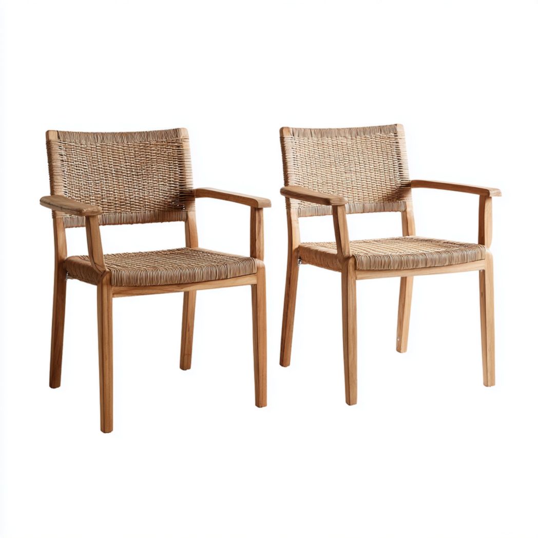 Lot de 2 chaises de jardin en bois avec assise et dossier en rotin