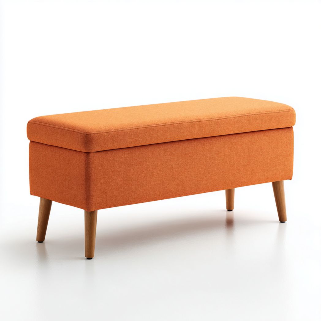 Banc rectangulaire en tissu orange avec pieds en bois