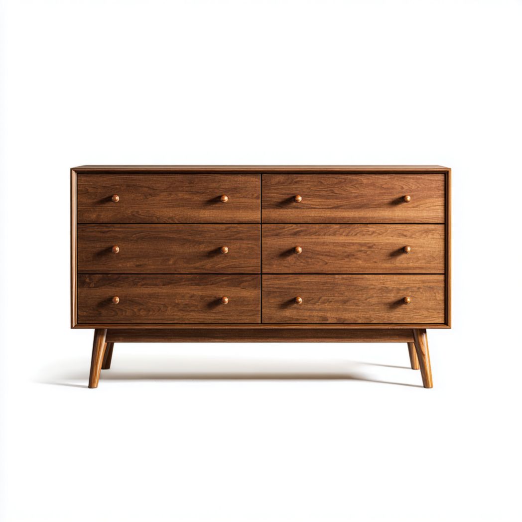 Commode 6 tiroirs | caisson et façades bois foncé | boutons ronds en bois | pieds inclinés en bois