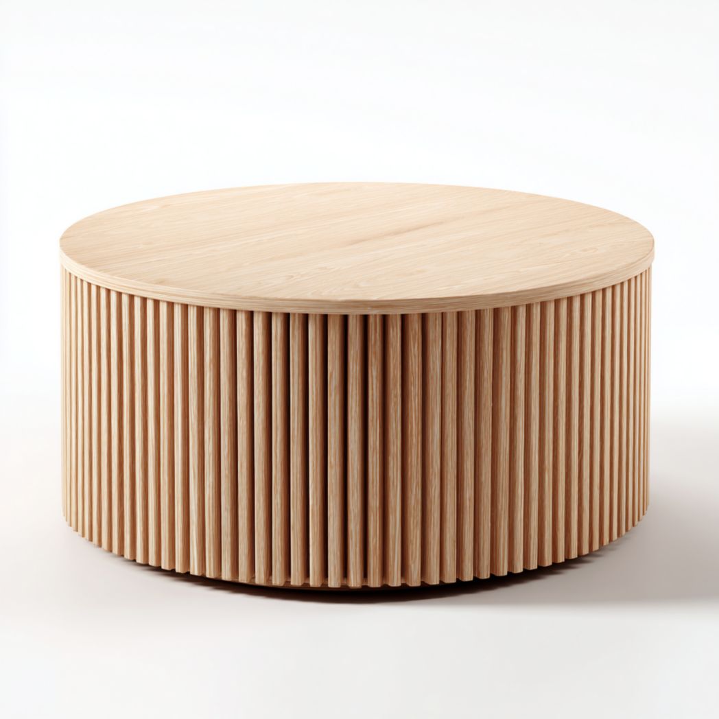 Table basse ronde en chêne clair à reliefs verticaux