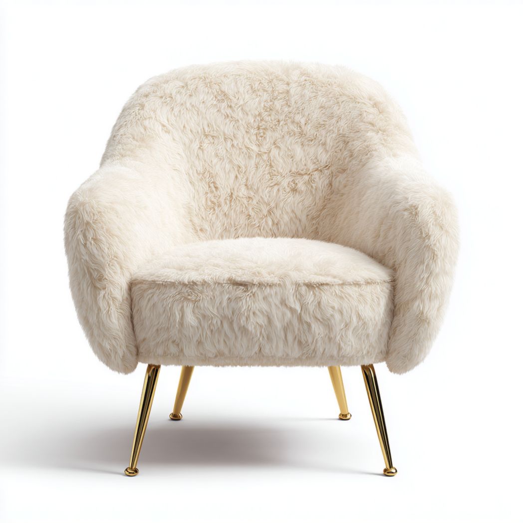 Fauteuil en fausse fourrure ivoire avec pieds en métal doré