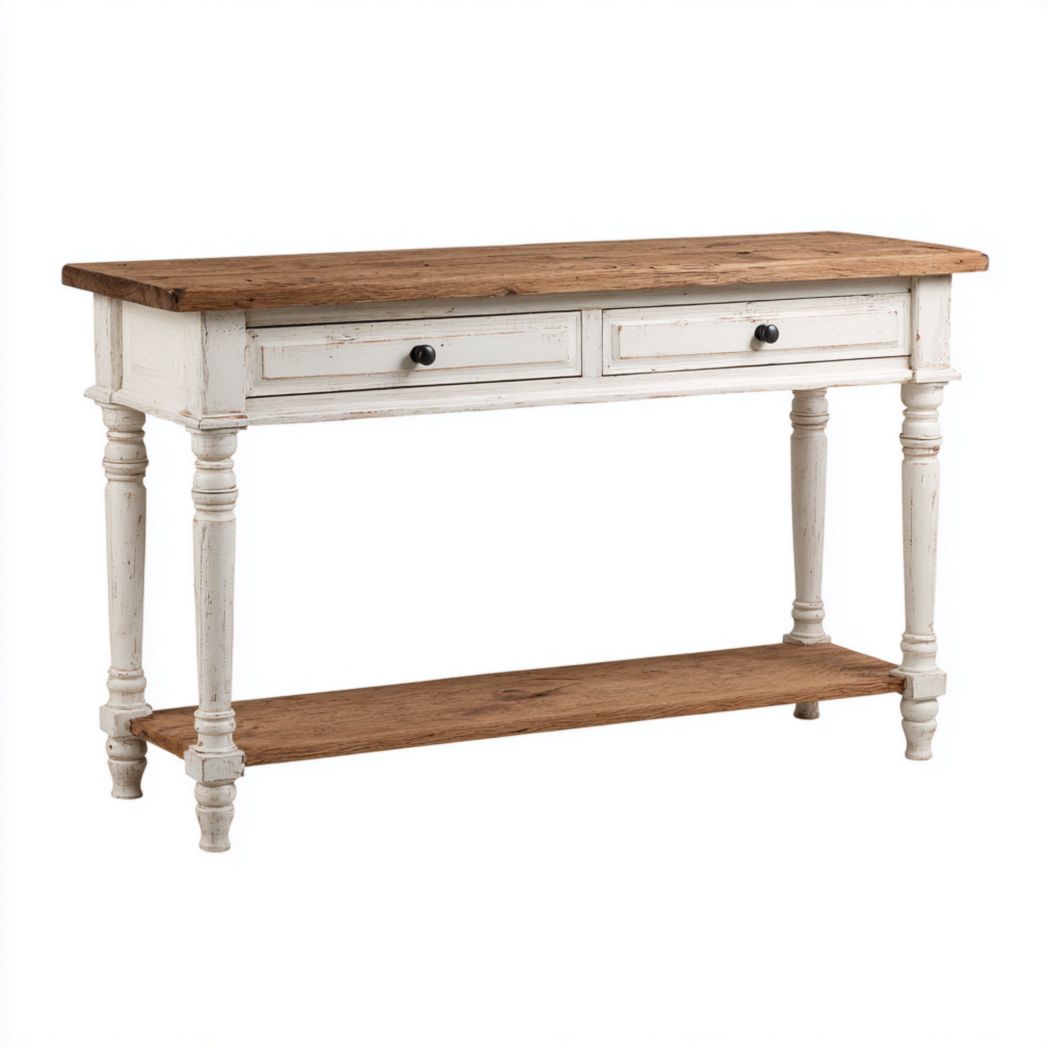 Console rectangulaire bois naturel et blanc avec deux tiroirs