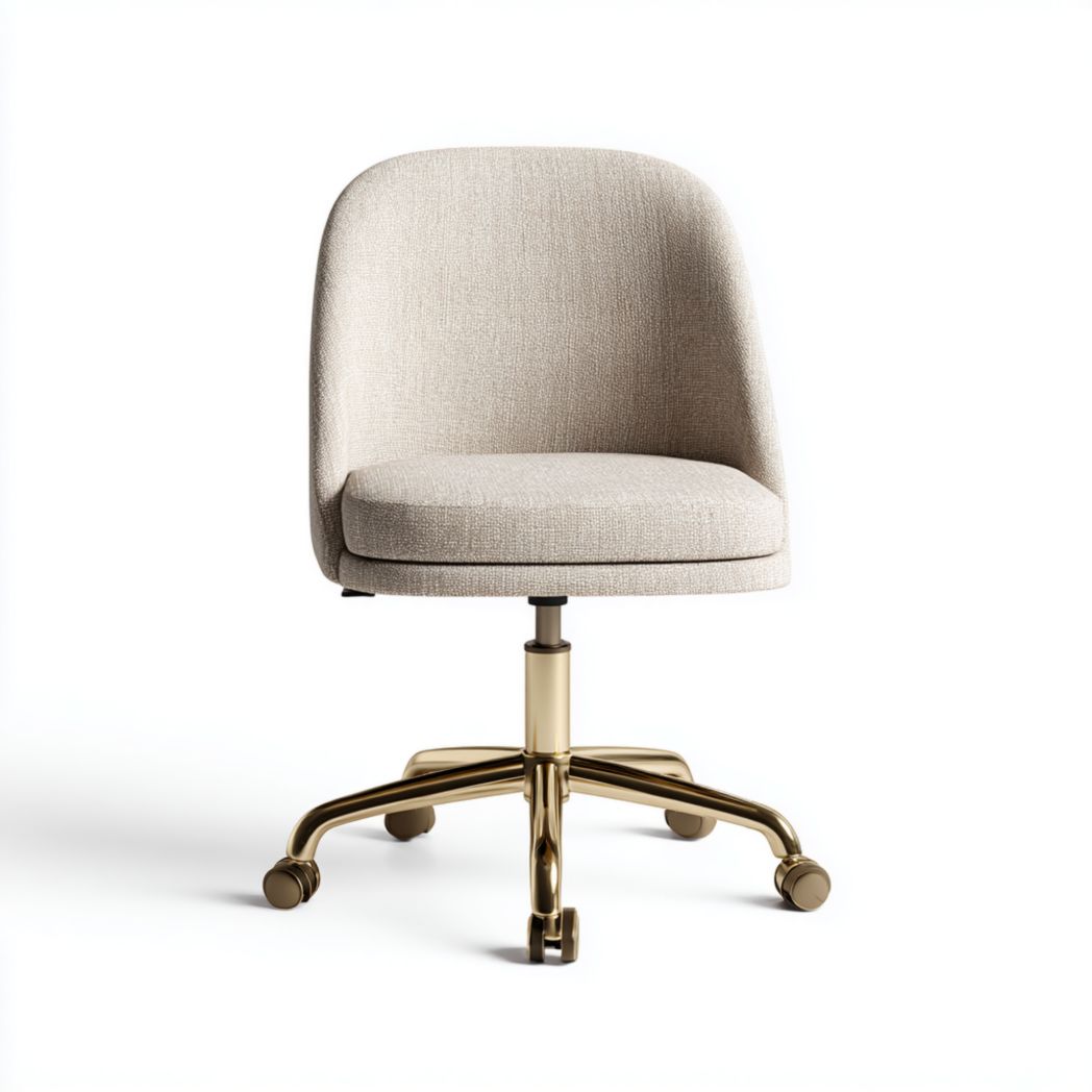 Chaise de bureau pivotante | dossier et assise en tissu beige · base métallique dorée à cinq branches