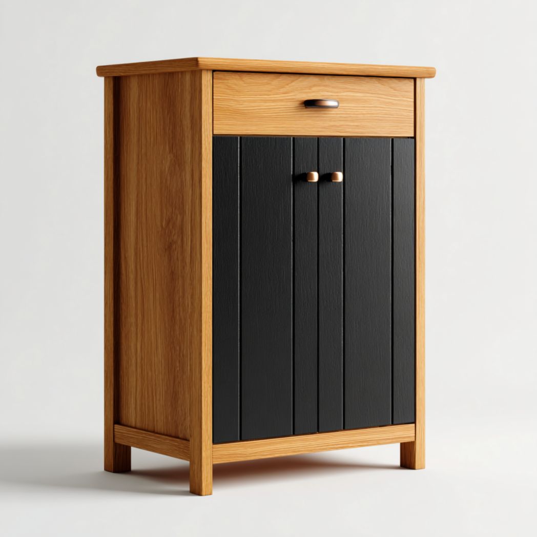 Meuble à chaussures en bois clair avec tiroir supérieur et portes noires