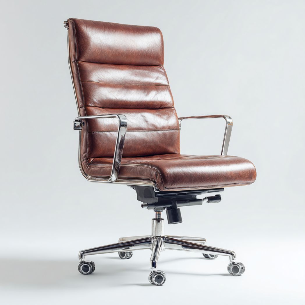 Chaise de bureau pivotante | dossier haut en cuir brun · accoudoirs métalliques · base à 5 roulettes