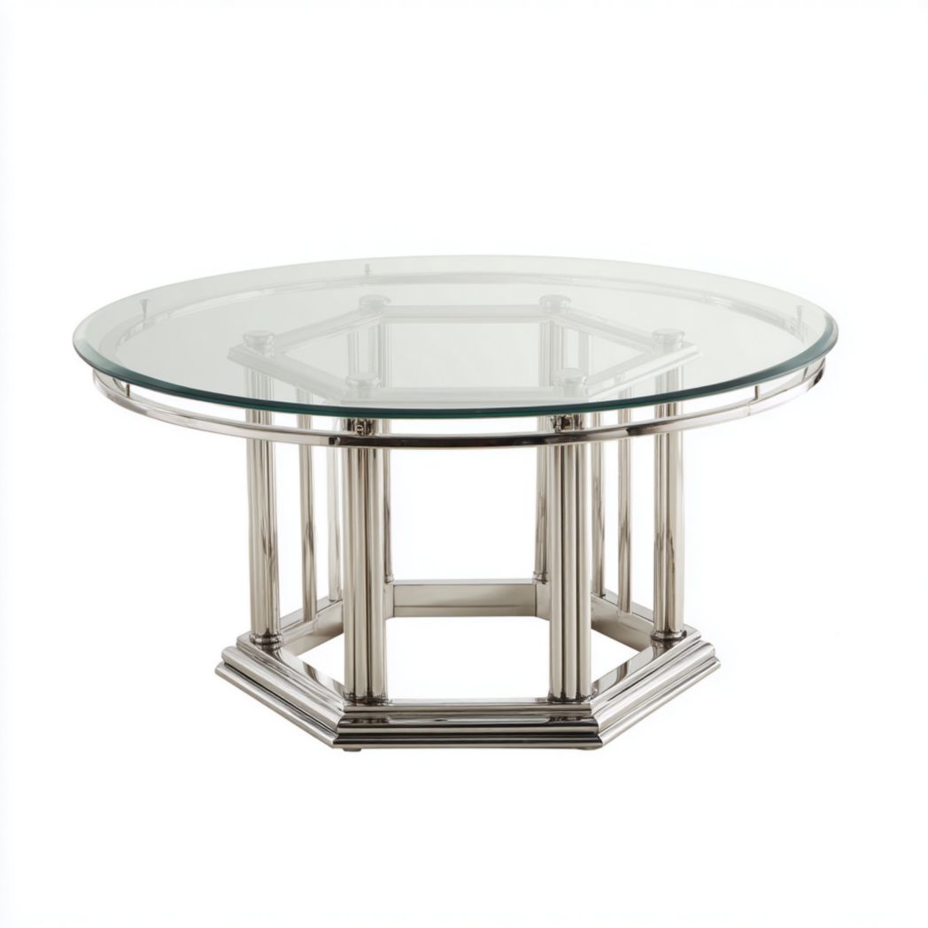 Table basse ronde en verre trempé avec structure métallique chromée