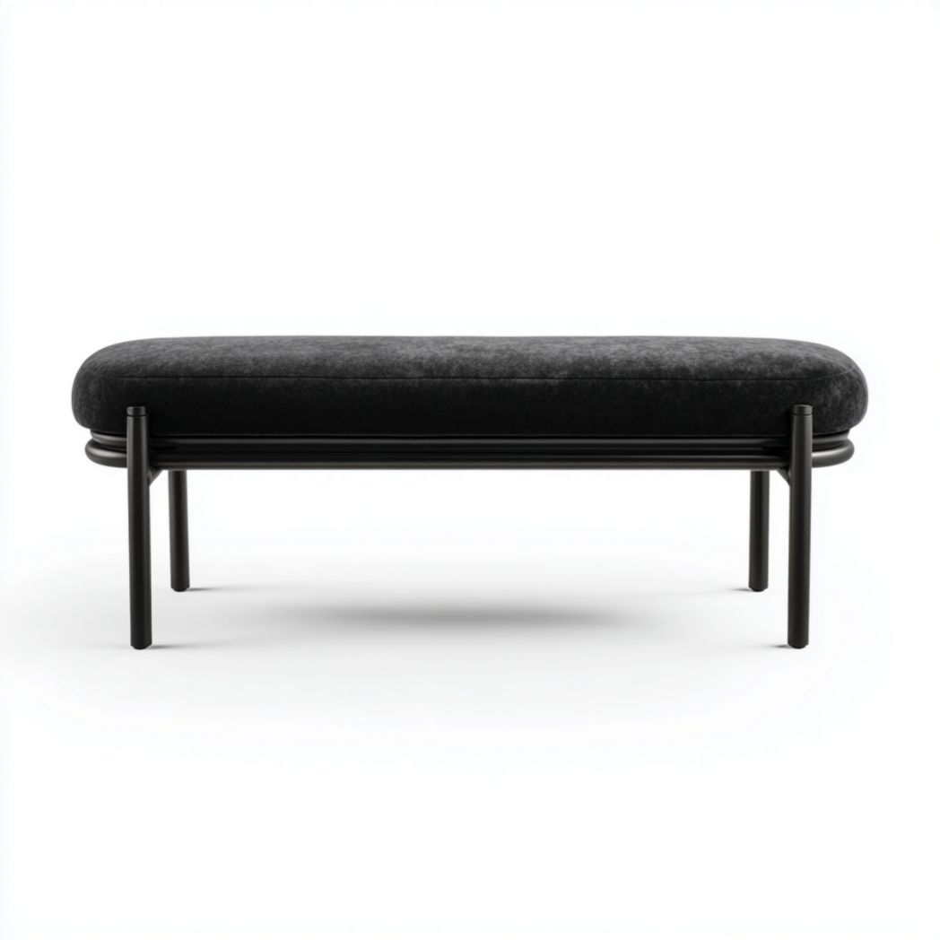 Banc rectangulaire en tissu noir avec pieds cylindriques en métal