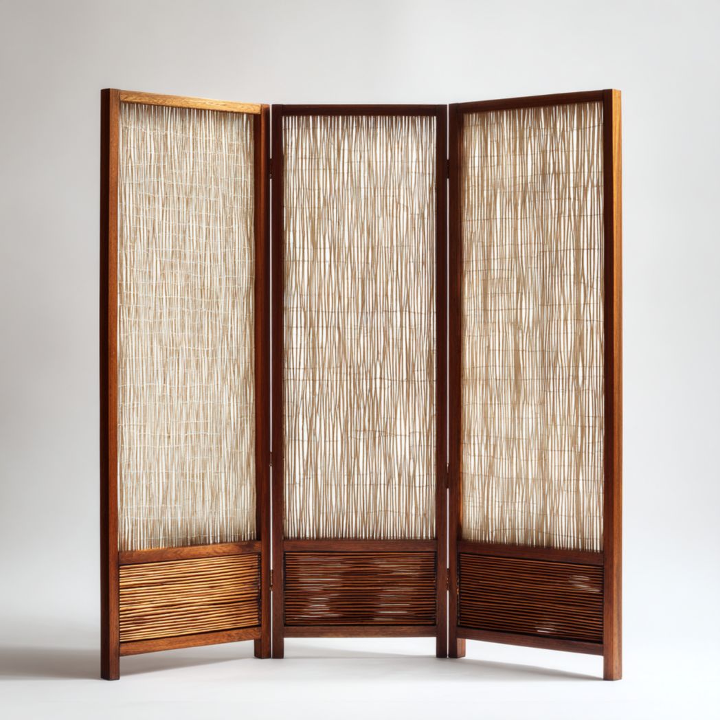 Paravent pliant trois panneaux cadre bois foncé avec panneaux en rotin tressé et lattes horizontales
