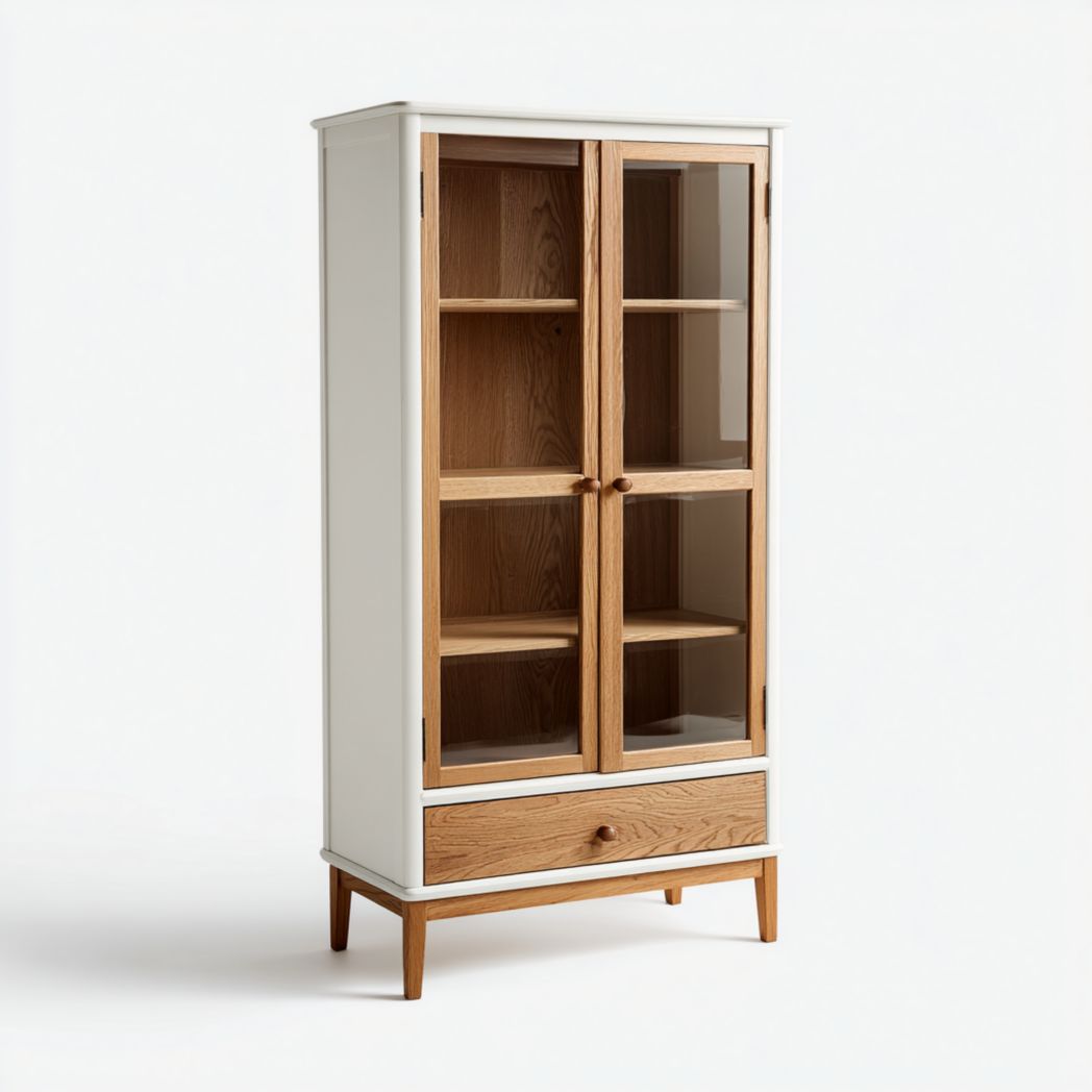 Vitrine bicolore blanc et bois naturel à deux portes vitrées