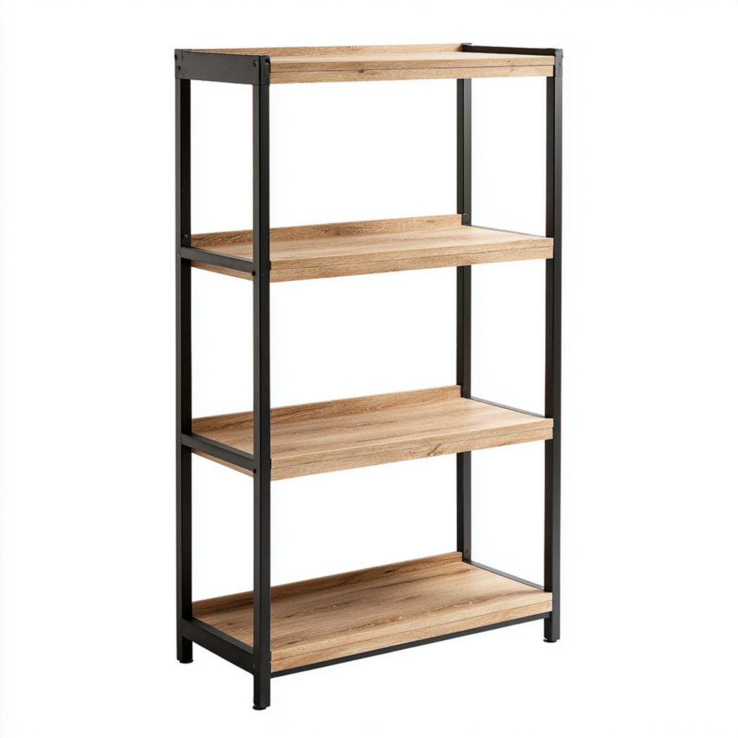 Étagère ouverte en métal noir et bois à quatre niveaux