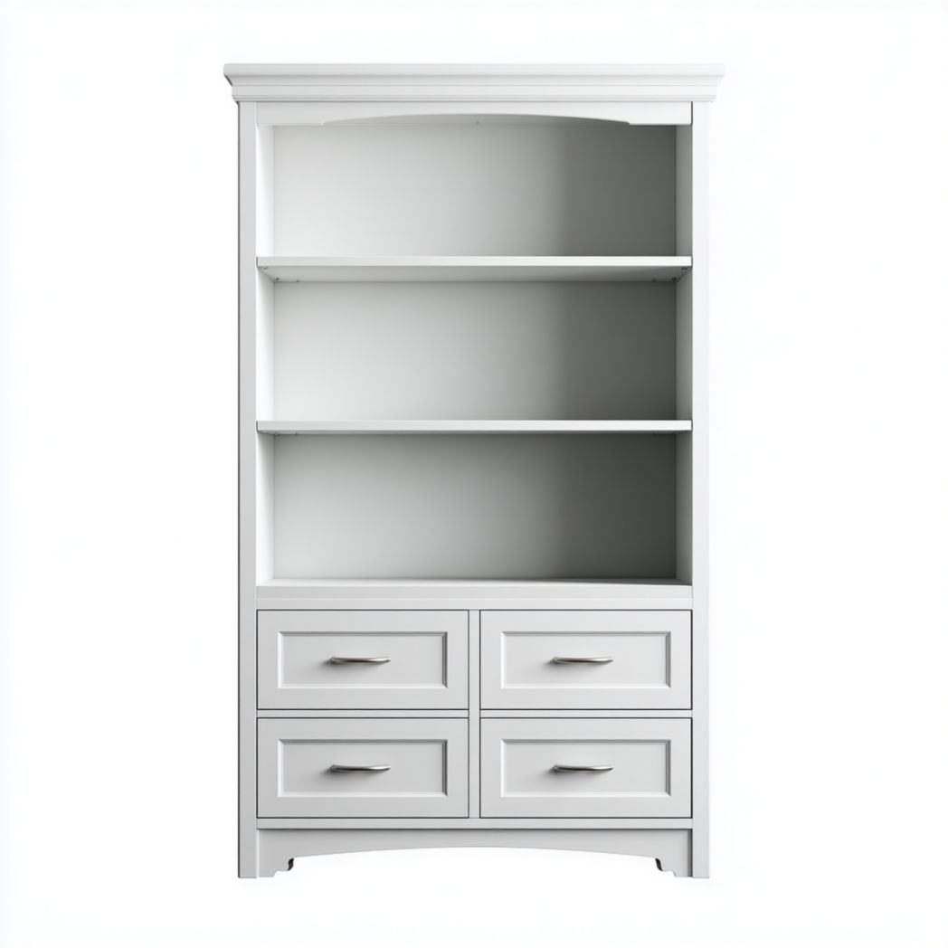 Bibliothèque en bois blanc à deux étagères ouvertes et quatre tiroirs