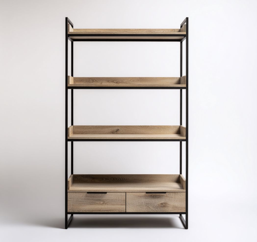 Étagère ouverte métal noir et bois à quatre niveaux avec tiroirs