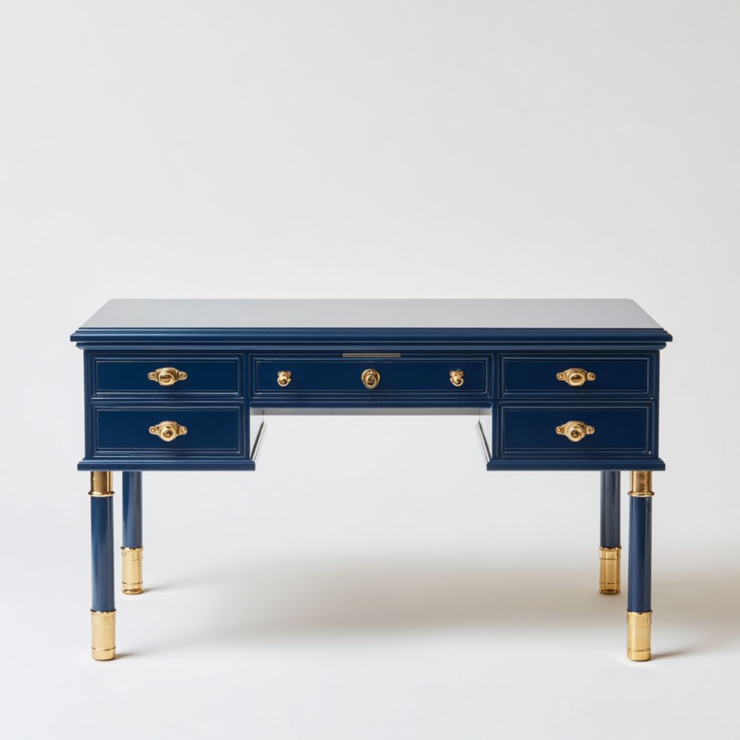 Bureau rectangulaire en bois bleu foncé avec cinq tiroirs et finitions dorées