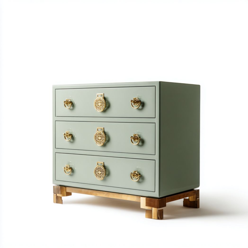 Commode 3 tiroirs | poignées anneau dorées et ornements | base en bois et métal | caisson rectangulaire