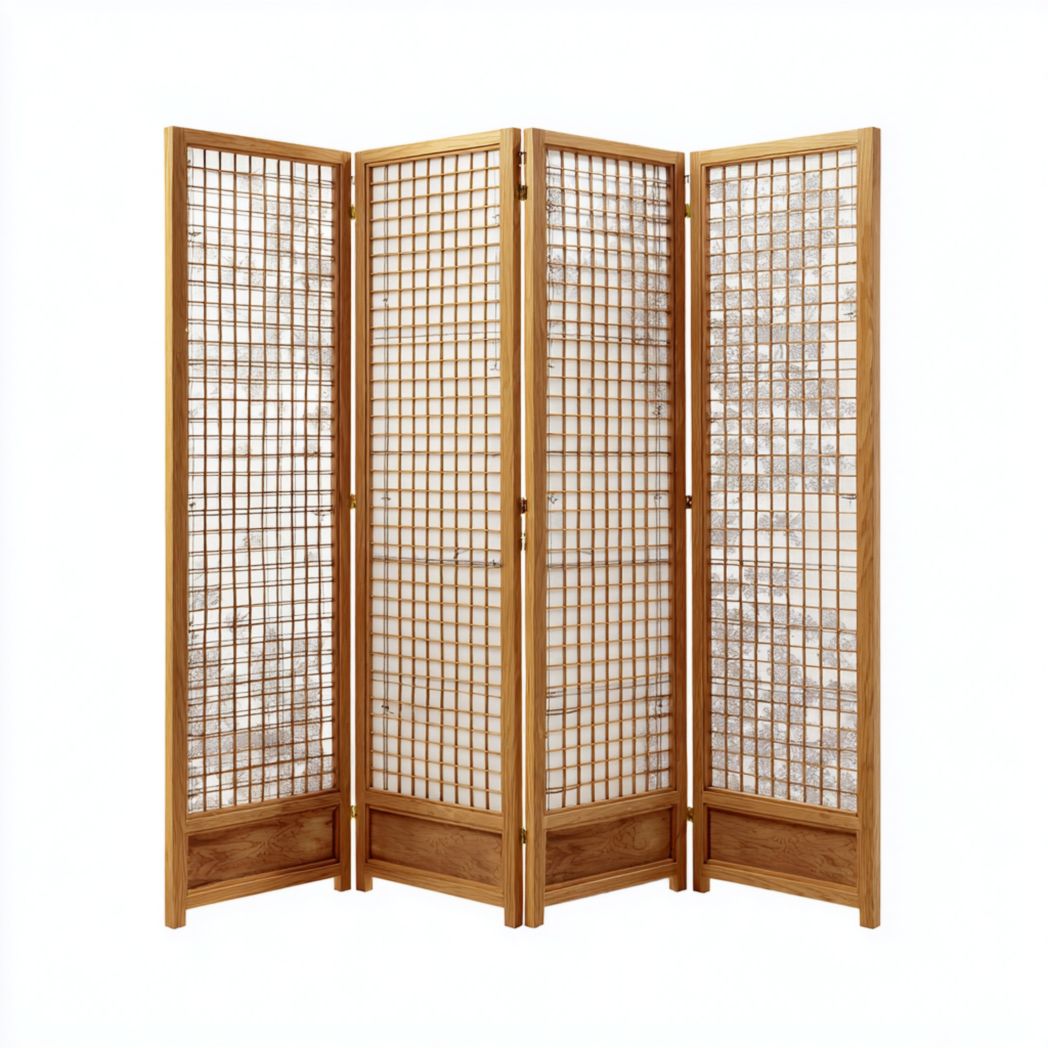 Paravent pliant quatre panneaux cadre bois clair avec panneaux translucides à motif quadrillé