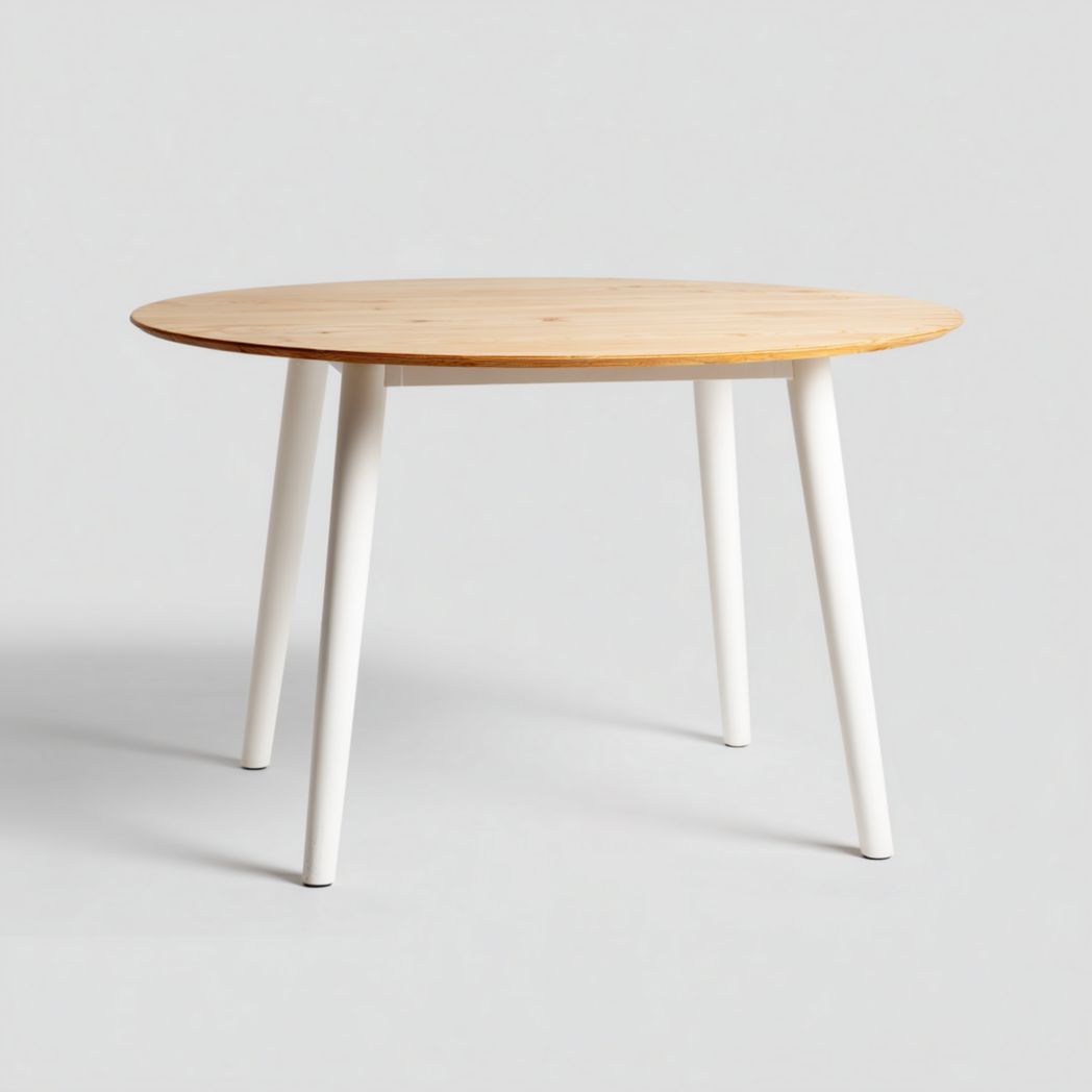 Table de jardin ronde en bois avec pieds en métal blanc